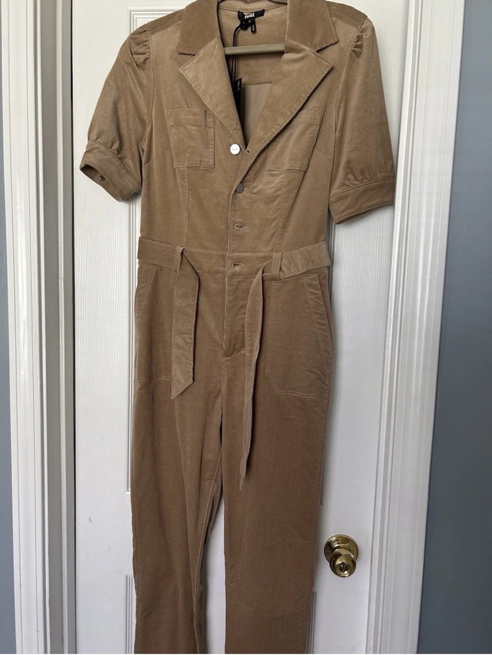 PAIGE Tan Utility Corduroy Jumpsuit with Tie Waist